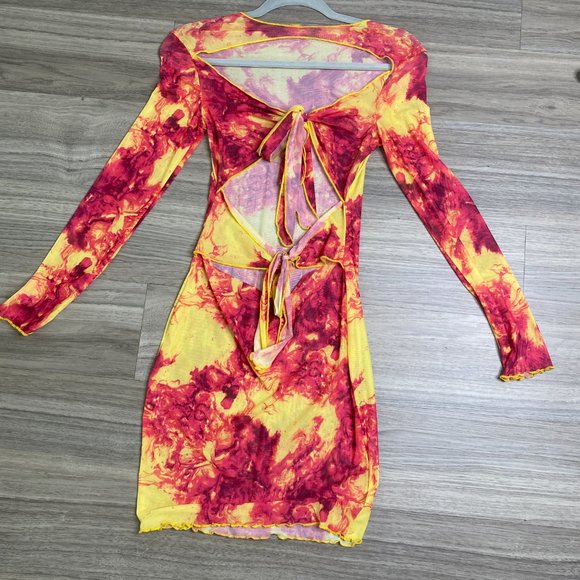 Mesh Long Sleeve Tie Dye Mini Hollow Out Bodycon Dress - Picture 2 of 3